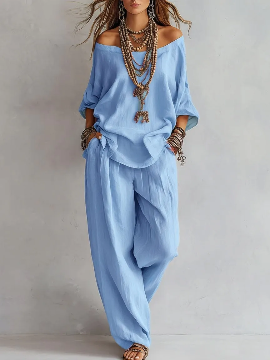 

Summer Women's Clothing Matching Sets Casual Loose Capri Sleeve Top And Wide Leg Pants Elegant Two Piece Set Linen Look Poly