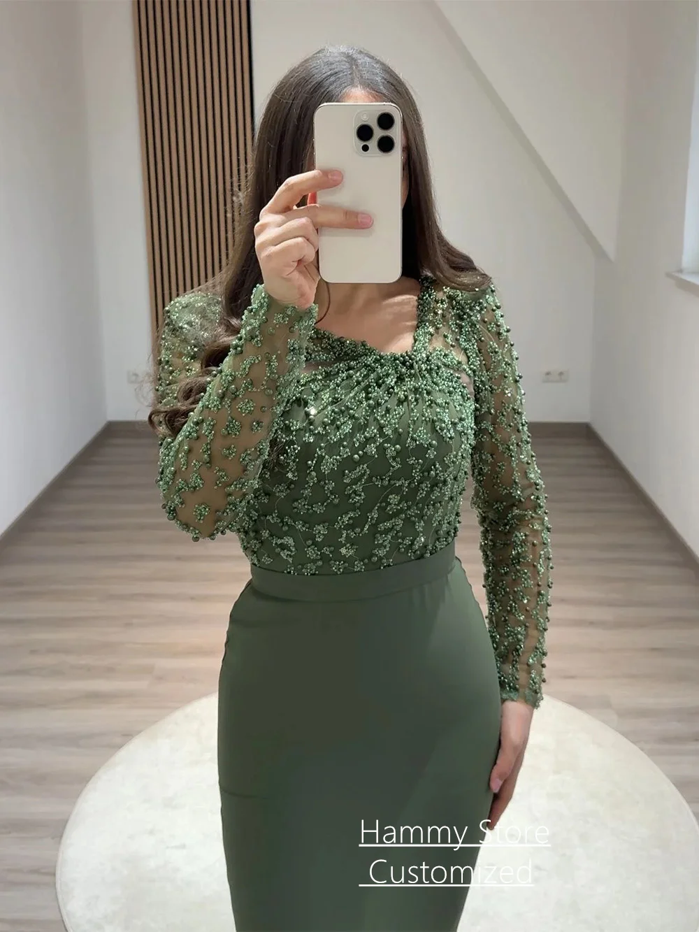 Arabic Olive Green Prom Dress Customized Long Sleeves V Neck Beading Pearls Mermaid Evening Gown Formal Dubai Party Dresses