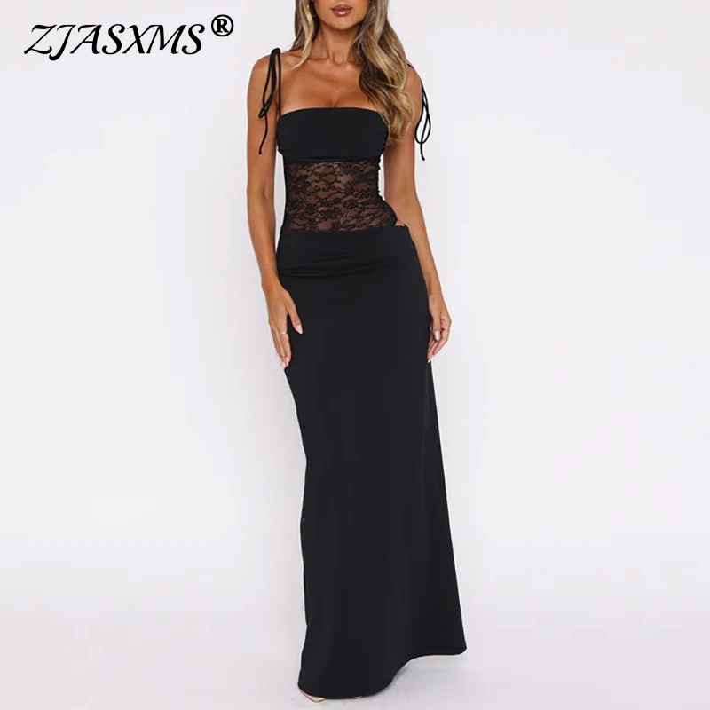 

2025 Backless Lace Hollow Out Dresses Holidays Summer Sleeveless Splicing Sexy Long Dresses Fashion Elegant Slimming Women Dress