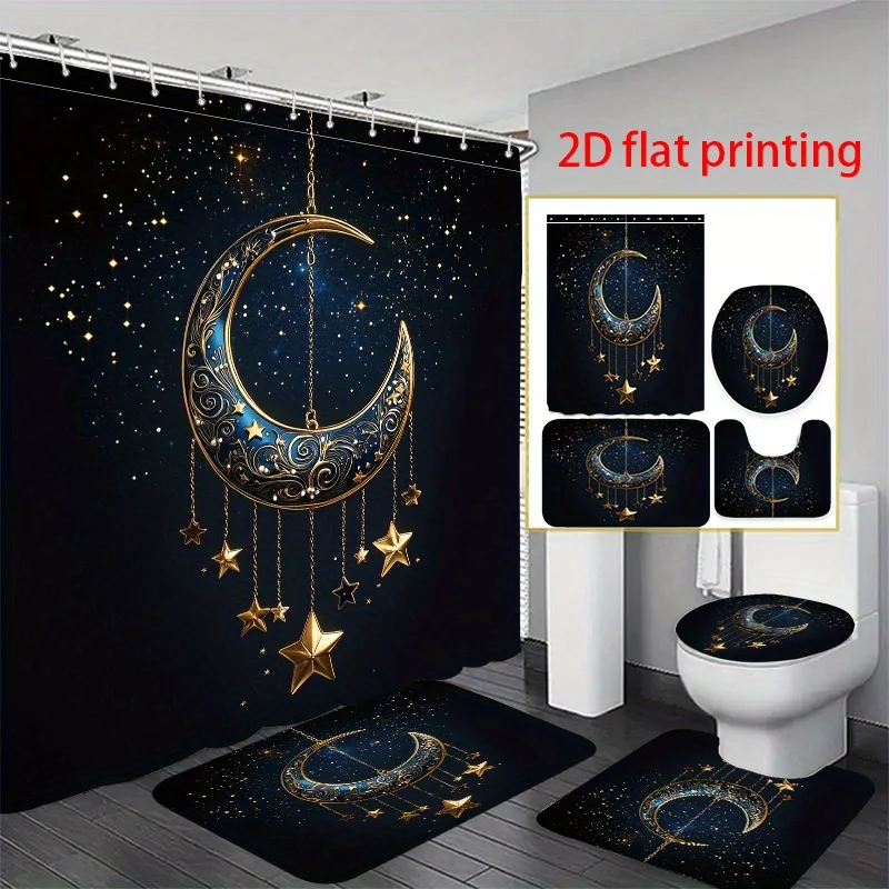 

4 шт., 2D плоская печать, занавеска для душа, набор занавесок для душа, украшение «Небесная луна и звезды». наборы для украшения вашего унитаза