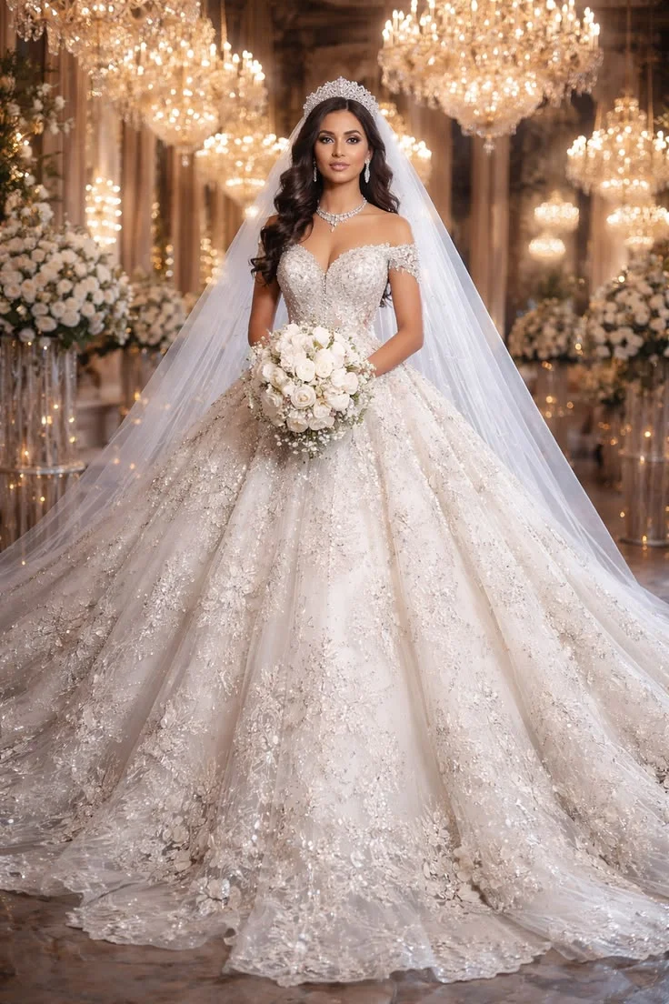 Luxurious Sparkling Lace Embroidered Women's Wedding Dress Sexy Sweetheart Strap Stripped Train Church Bridal Dress Customized