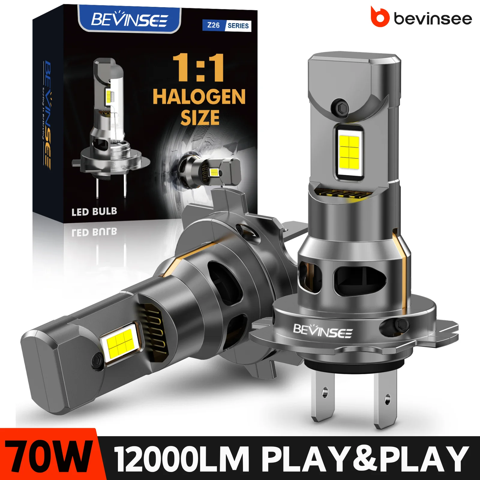 

BEVINSEE H7 LED CANBUS Headlight Bulb H4 H1 H11 HB3 9005 HB4 9006 Fog Light 70W 12000LM Wireless Turbo Auto Diode Lamp 6000K 12V