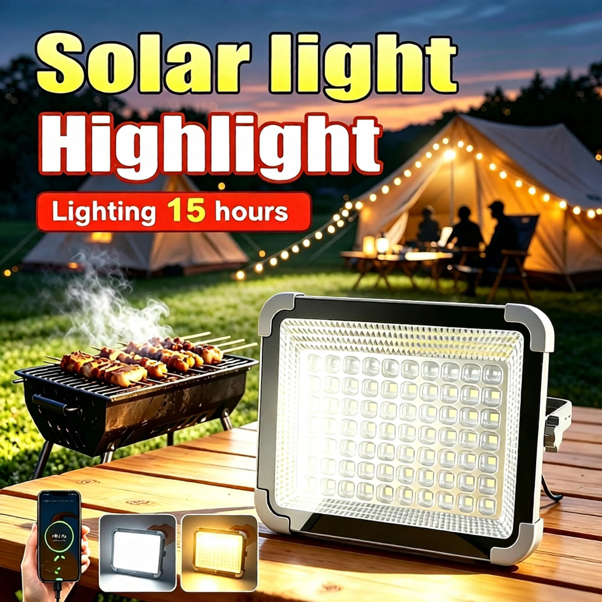Super Bright LED Lighting Solar Powered Lamp IP65 Waterproof Sunlight Rechargeable Light For Outdoor Camping Fishing Hiking