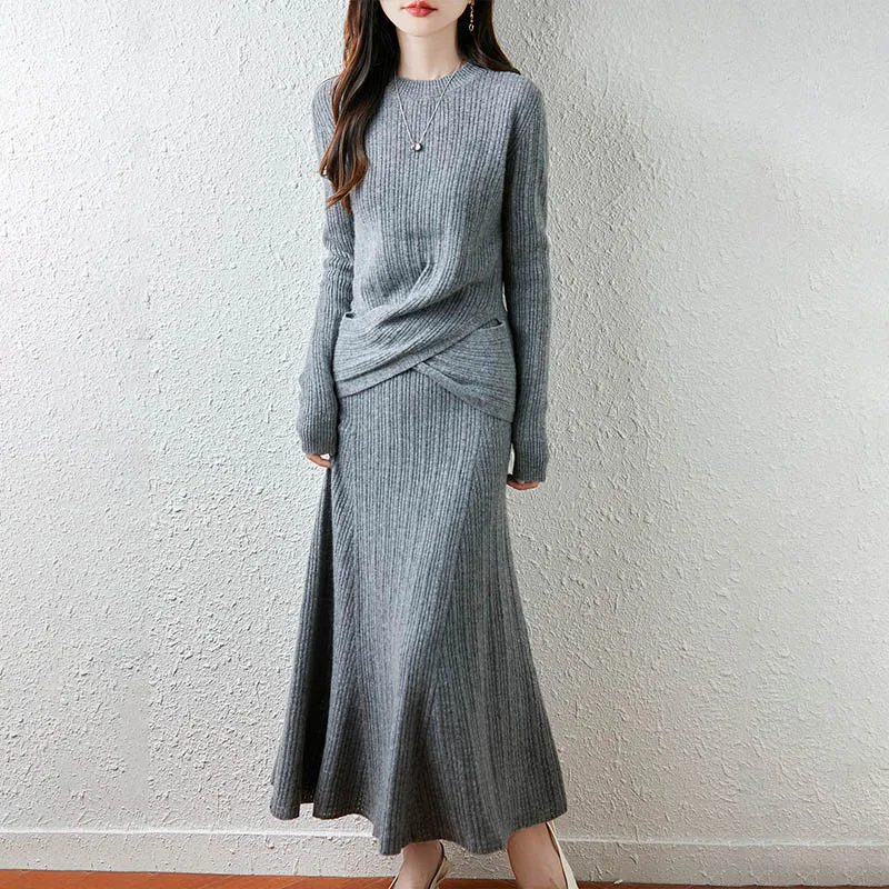 

Fashion Suit Autumn Winter100% Pure Wool Knitted Long Sleeve Sweater Women Tops Umbrella Skirt Temperament style Clothes