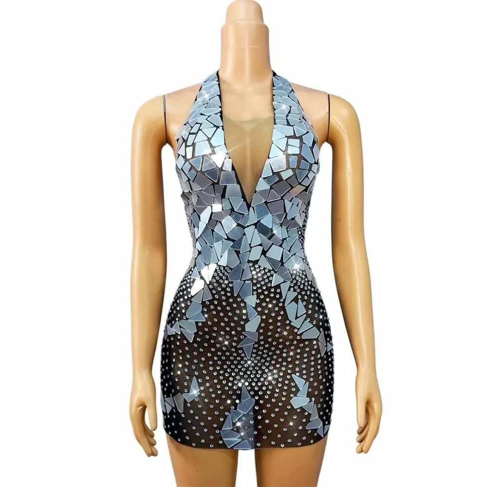 Luxury Shining Silver Mirrors Rhinestones Package hip Halter neck Dress Birthday Party Evening Gown Fashion Show Stage Wear