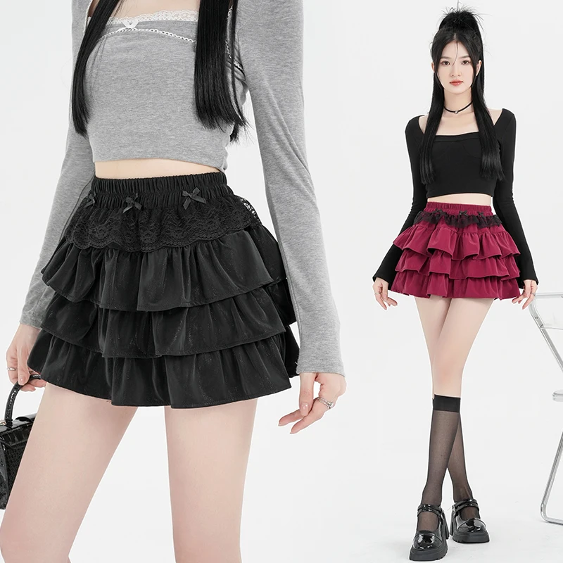 Cake Puff Skirts Women Designed Hotsweet Girl PU Leather Cute Pleated Micro Mini Skirt Y2k Female Stylish Fall Winter Lace Skirt