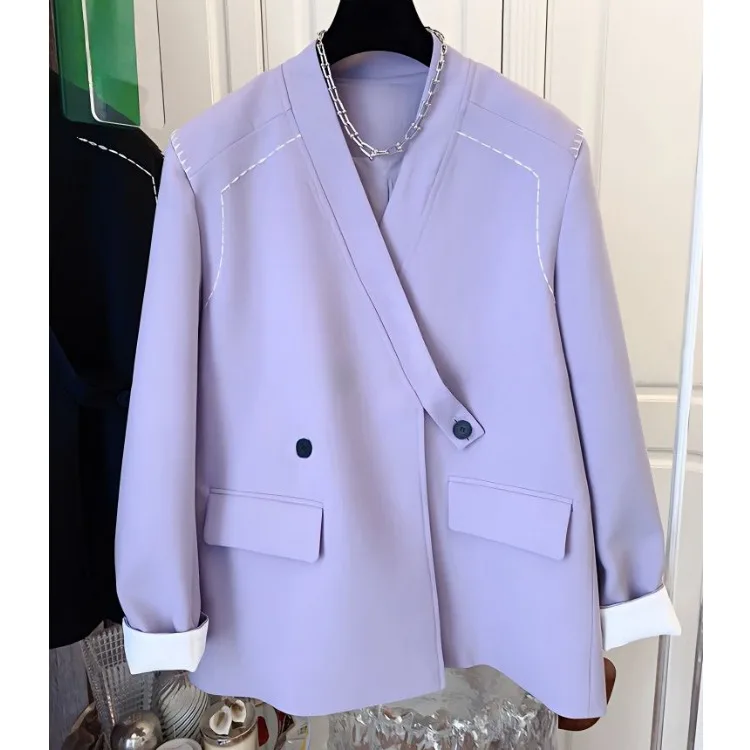 Color Block Suit Jacket Women's Loose Casual Top Spring Fashion Design Stitching Line Open Cardigan Polyester Fiber