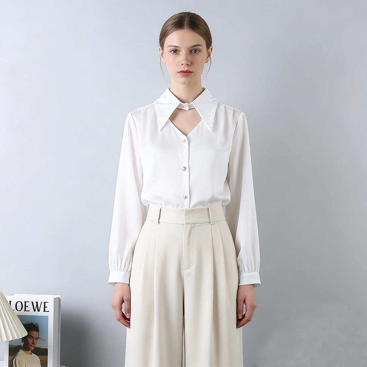 Women's White Satin Shirts Long Sleeve Large Collar V-Neck Button Up Regular Fit Elegant Trendy Ladies Work Wear Female Clothing