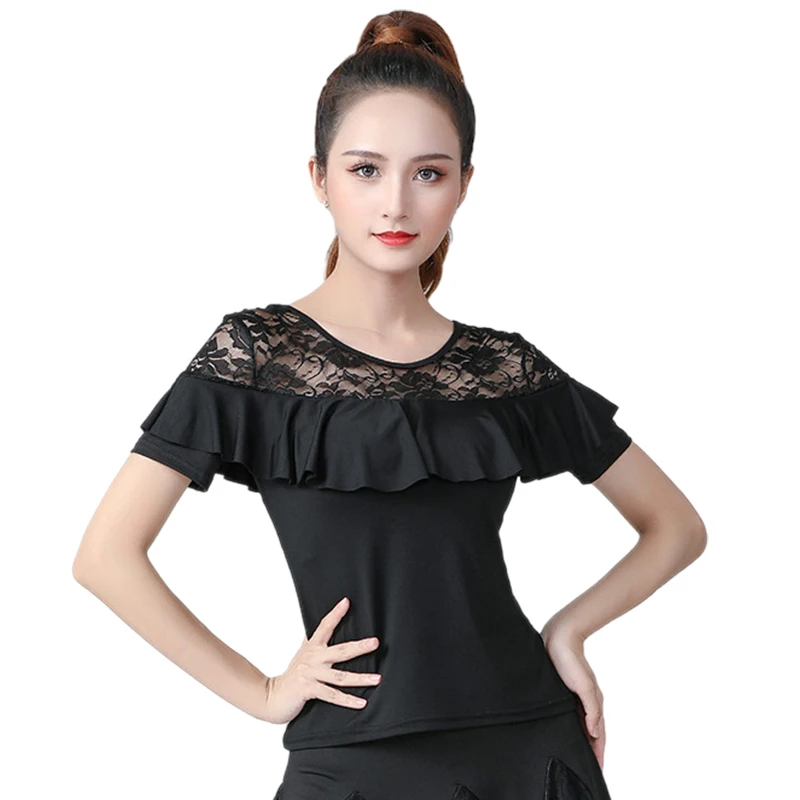 Women Latin Dance Tops Tango Jazz Waltz Ballroom Dancing Shirts Short Sleeve Ruffles T-shirts Dance Practice Performance Costume