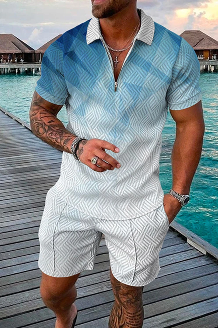 New Summer Men's Tracksuit 3D Printing Short Sleeve Zipper Polo Shirt Shorts Set for Men Casual Streetwear 2-piece Suit