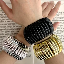 Hyperbole Elastic Gold Silver Balck Color Thick Metal Punk Cuff Bracelet For Women Charm Punk Elastic Wide Chunky Spiral Bangle