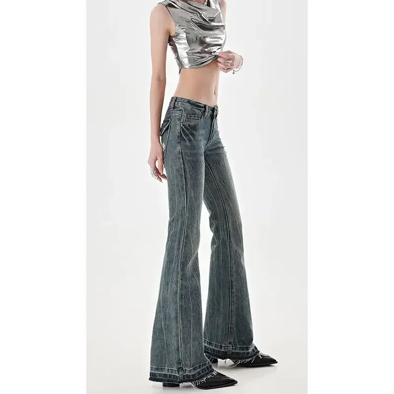 Y2k Design Sense Slim Fit Straight Tube Micro Flare Pants American High Street Spicy Girls Low Waist Jeans Women Autumn Vintage