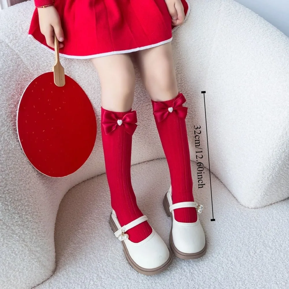 Casual Middle Tube New Year Red Socks Thicken Sweet Bow Hosiery for Kids Princess Cotton Children Long Socks Autumn