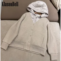 9.24 KlasonBell Women Autumn Winter Keep Warm Goose Down Hooded Vest + Cashmere Knitted Long Sleeve Jacket Coat 2 Piece Set