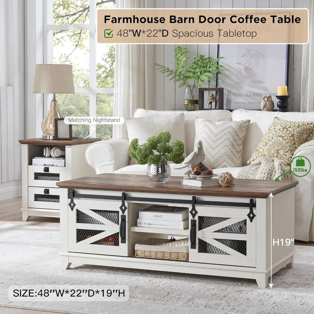 48 Inch Coffee Table with Storage and Sliding Barn Door, Adjustable Shelf, Modern Rectangular Country Style Living Room