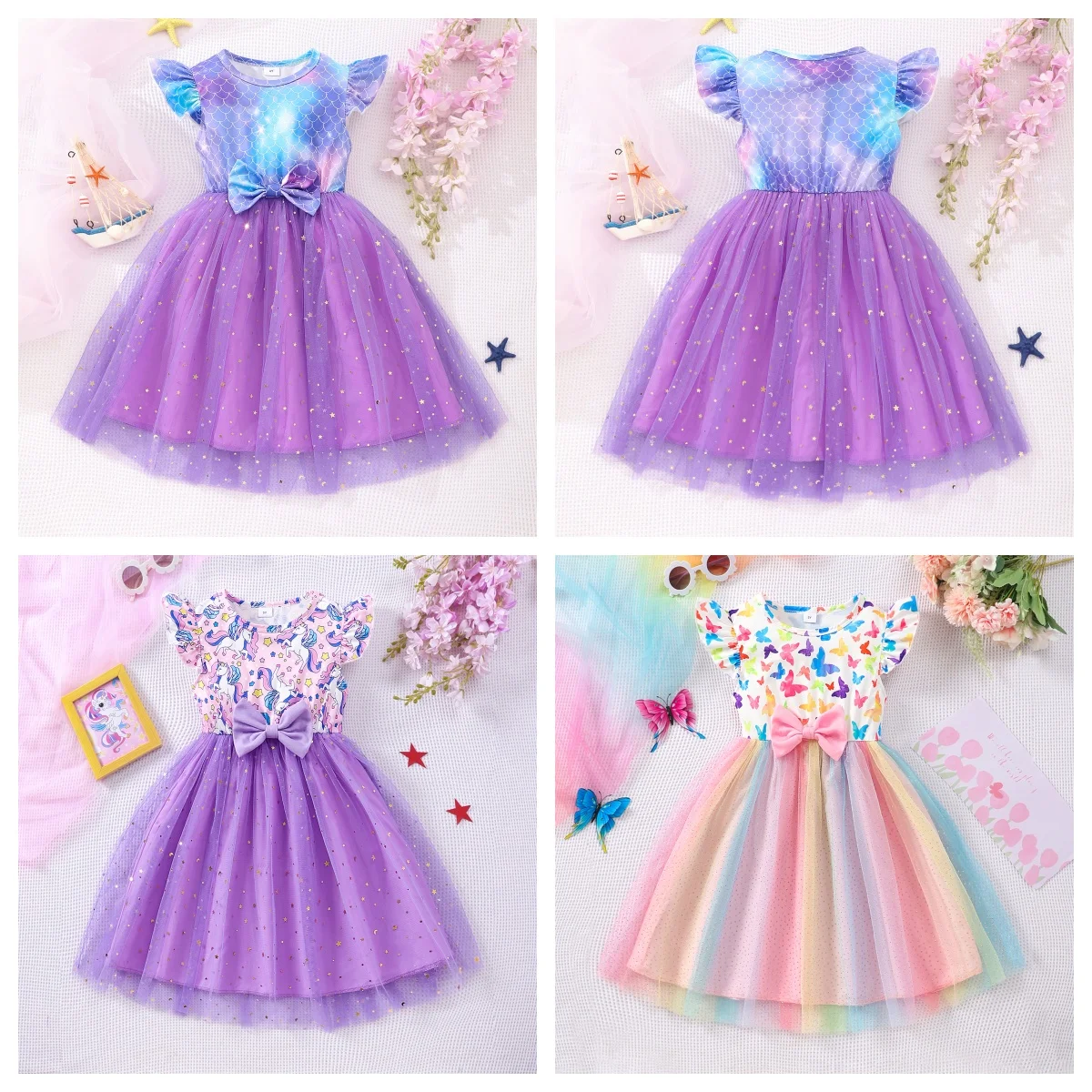 Girl's Summer Flying Sleeve Unicorn Mesh Dress