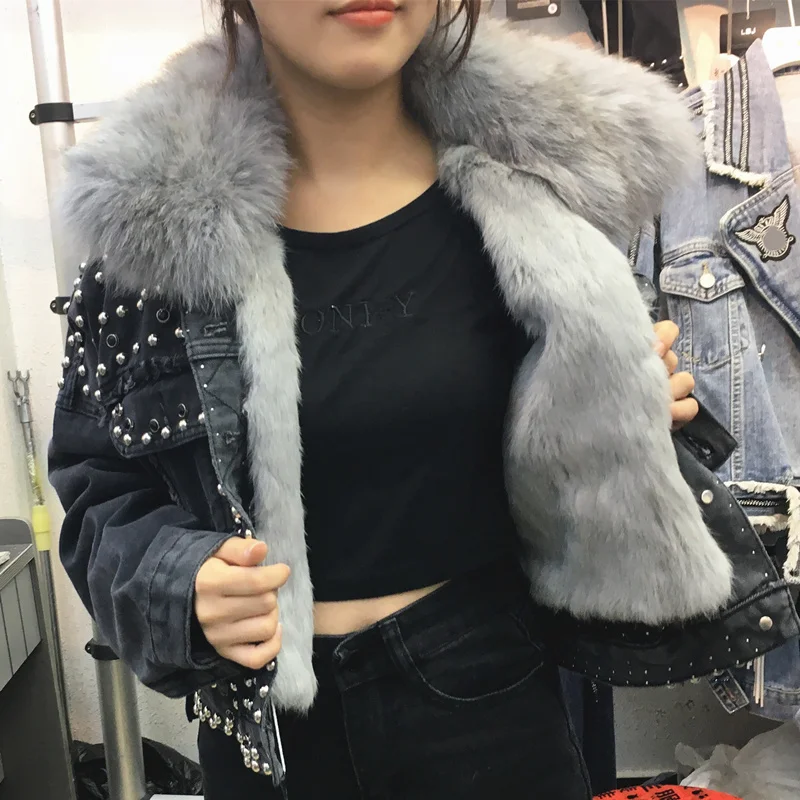 fur rivet cropped denim fox jacket korean jeans jacket women fashion jackets 2023 new winter thick loose veste femme