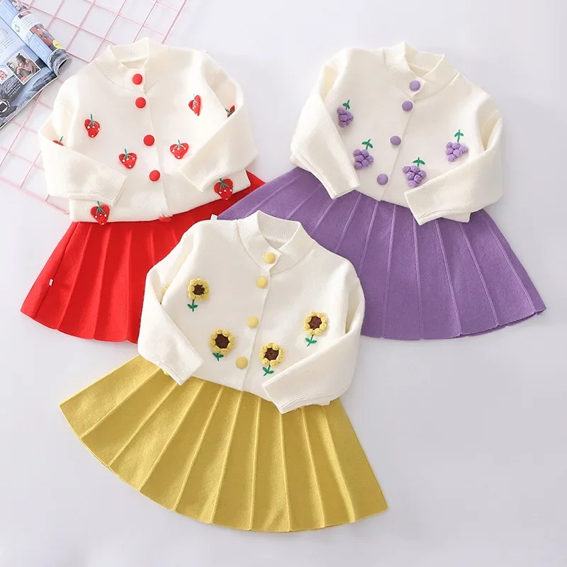 Children\'s Clothing Sets fruit cardigan + skirt 2Pcs Sweater girls clothes set 1 to 6 years baby girl outfit skirt sets