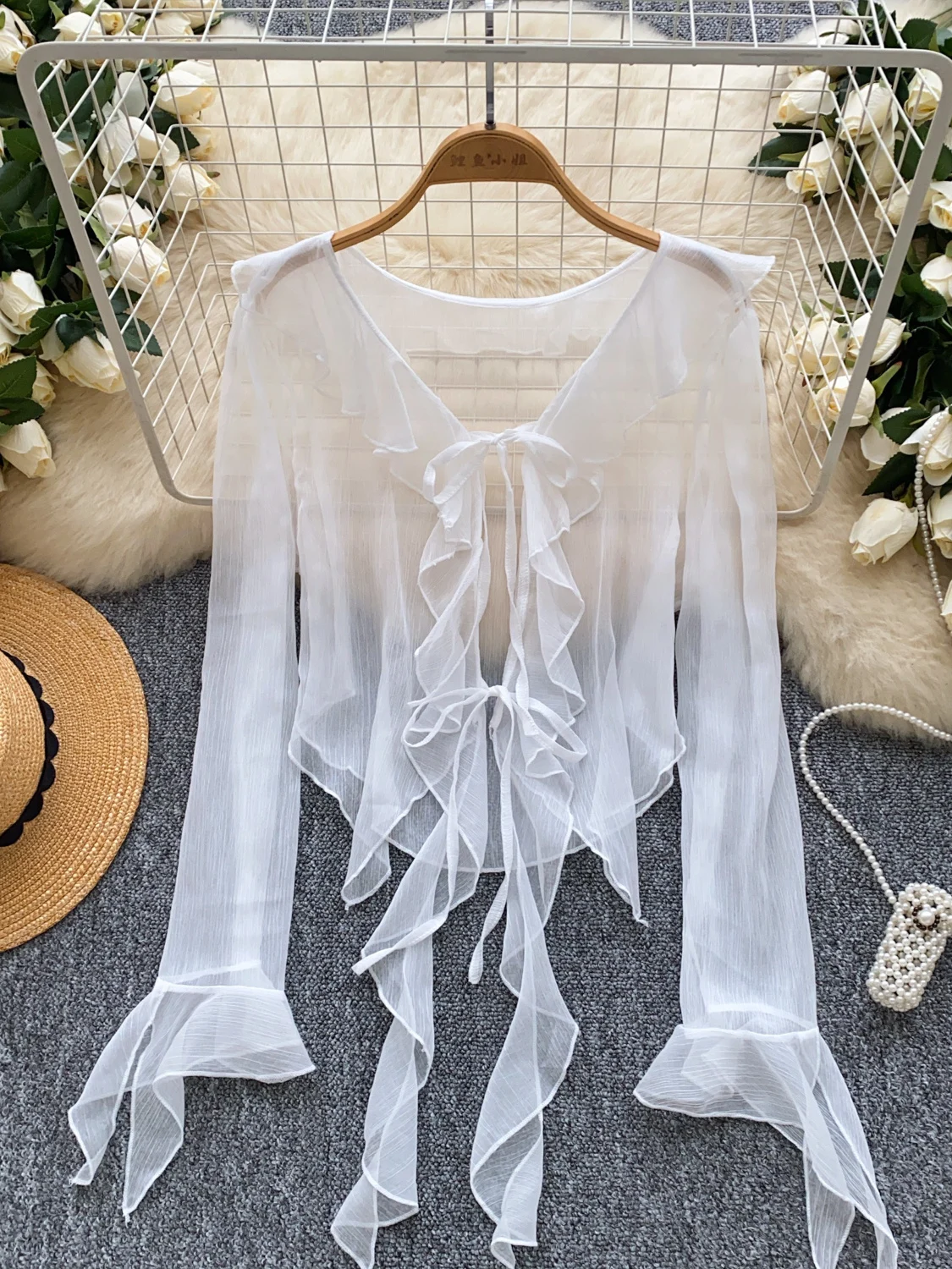 

Chiffon Blouse With Ruffles Fashion Summer Tops Woman 2025 Solid Color Long Sleeve V-Neck Cardigan Bandage Ponchos Coats Outwear