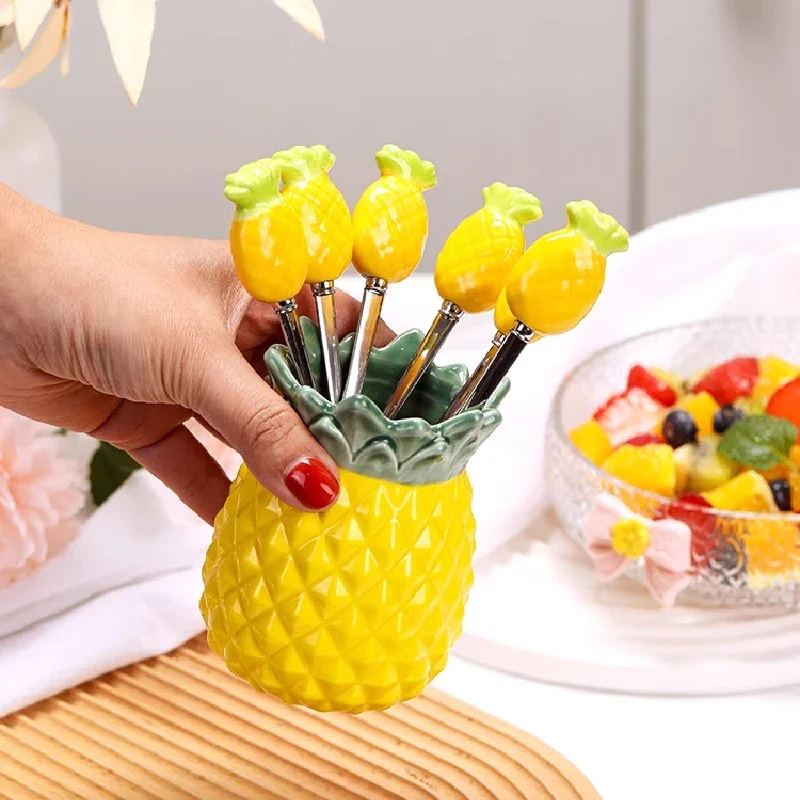 6 Forks 1 Jar 304 Stainless Steel Pineapple Fruit Fork High-value Fruit Sign Set Luxurious  Lovely Creative Household Tableware