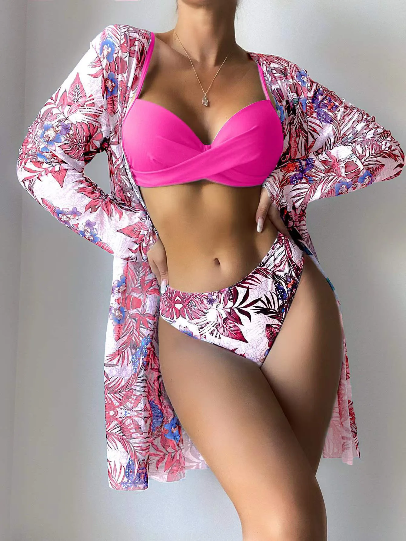 Fashionable Printed Contrast Color Stitching Split Three-piece Swimsuit High Waist Triangle Mesh with Steel Support Bikini Sets