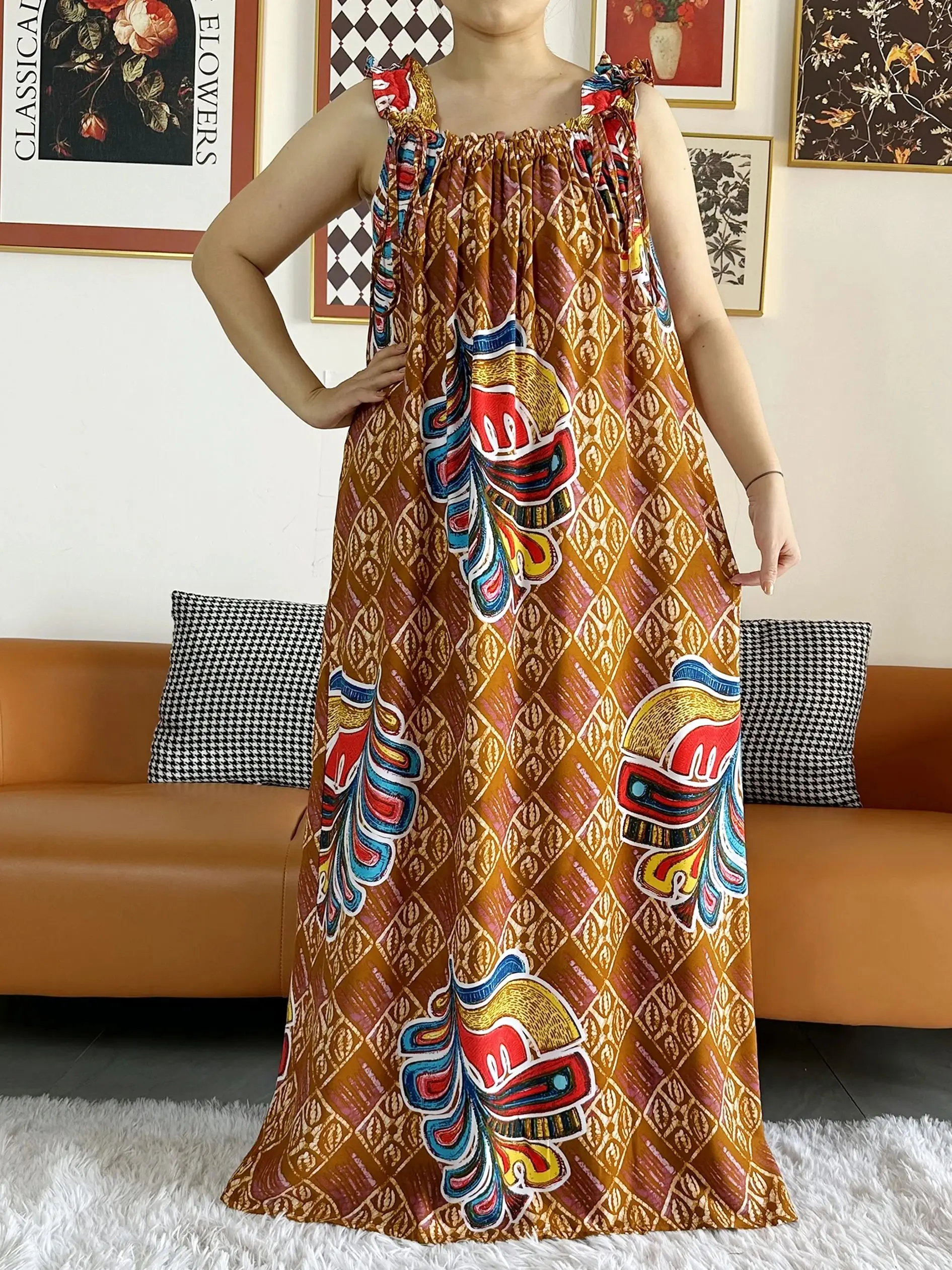 2024 Wome‘s  Summer Sleeveless Dress With Scarfs Under Dress Ptinted Cotton Abaya Dashiki Maxi Lady Robe Loose Kaftan Vestidos