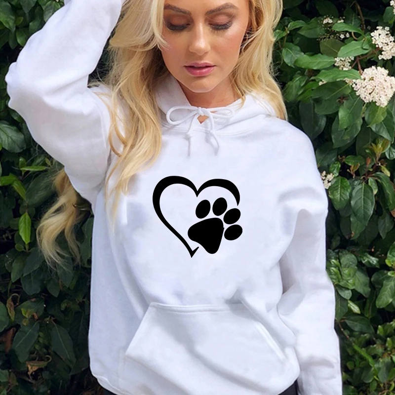 New Cute Dog Paw and Heart Shape Print Hoodies Women Casual Long Sleeve Hoodies Autumn Winter Pullovers Plus Size