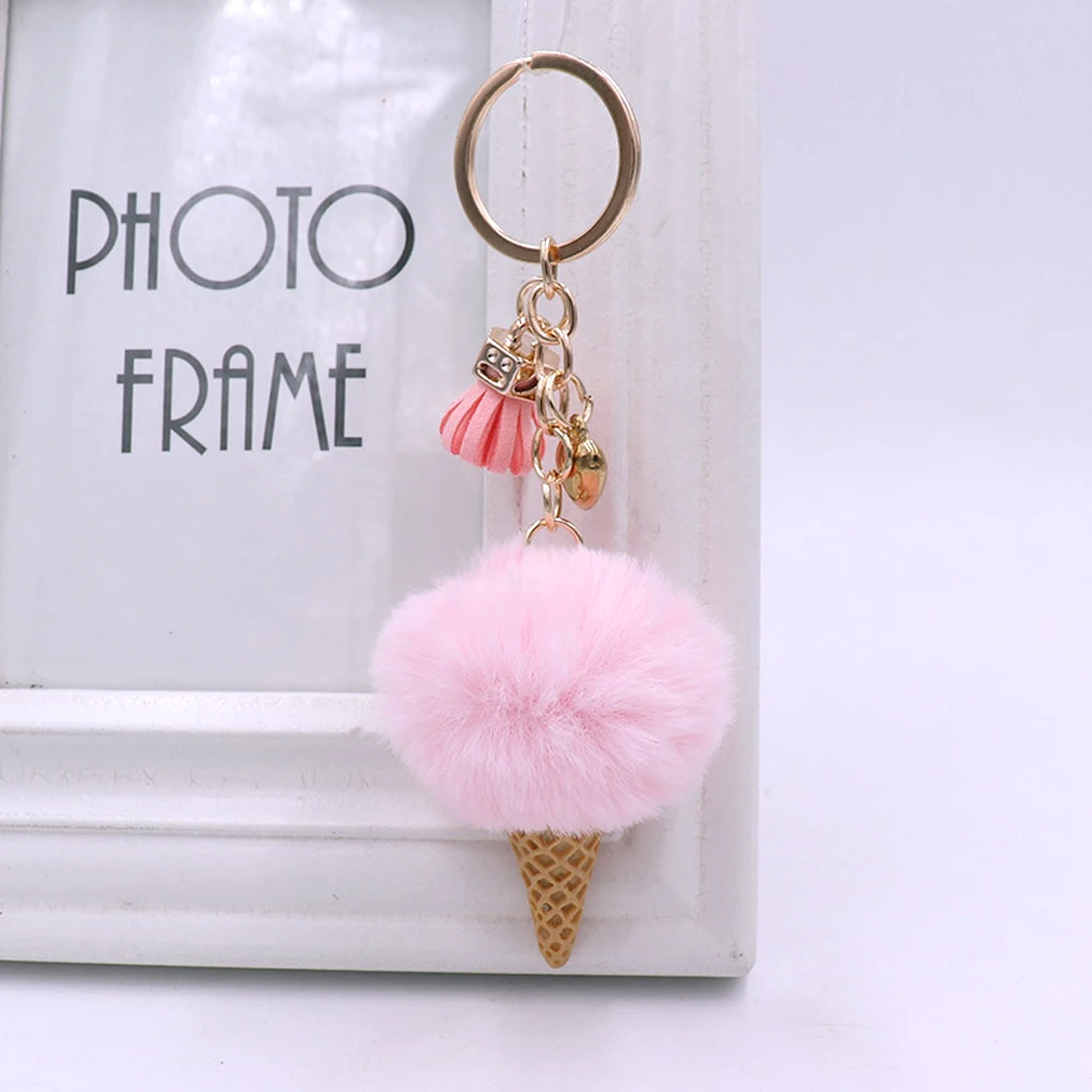 Creative Ice Cream Pendant Keychain Cute Fluffy Pom Pom Plush Keyring For Women Girls Wallet Handbag Ornament Decoration Gifts