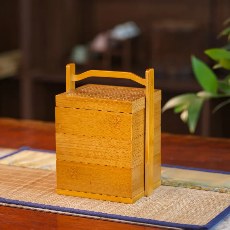 Scatola di bambù cinese a tre strati per picnic, scatola di frutta, snack portatile, piatto di frutta, scatola di immagazzinaggio portatile per set da tè