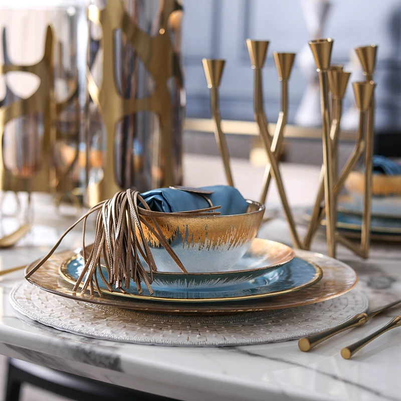 

Birthday Dining Gold Plate Set Luxury Ceramic Glass Aesthetic Plate European Style Restaurant Pratos De Jantar Dinner Set