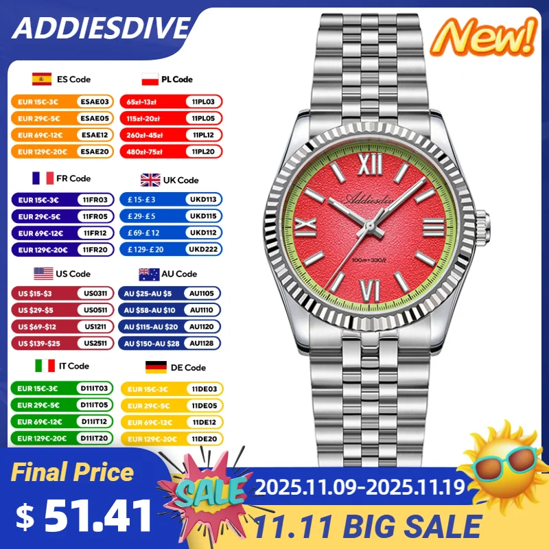 ADDIESDIVE Męskie Zegarki Kwarcowe Nowe 36mm Letnia Owocowa Tarcza Szkło Szafirowe Kopułkowe Stal Nierdzewna Wodoodporny Świecący Zegarek na Rękę