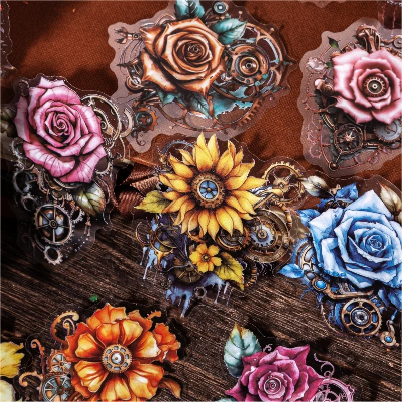 12 Sheets Per Pack Mechanical Flower Stickers With Petal Patterns Paste Journal Decoration Scrapbook Collage
