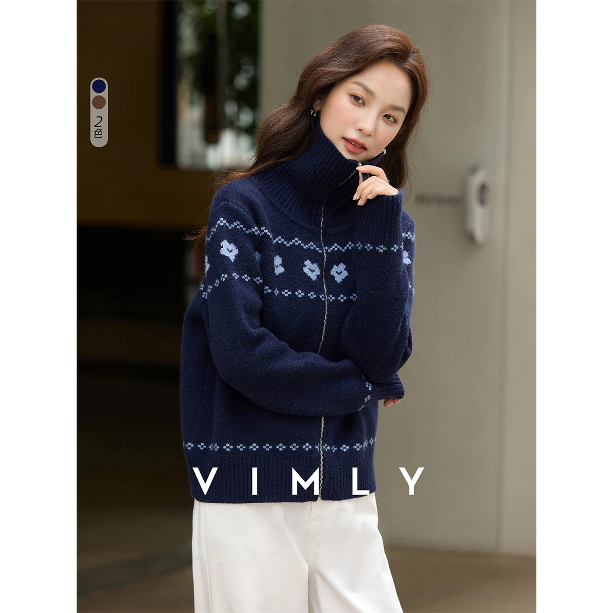 

VIMLY Women's Navy Blue Knit Cardigan 2025 Autumn Turn-Down Collar Zipper Front Contrast Jacquard Sweaters Casual Knitwear 75258