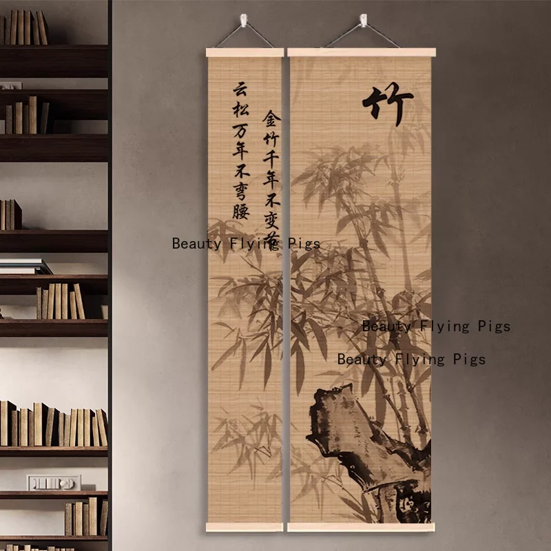 

customized Bamboo curtain hanging painting living room study Zen style hanging curtain Chinese retro background screen