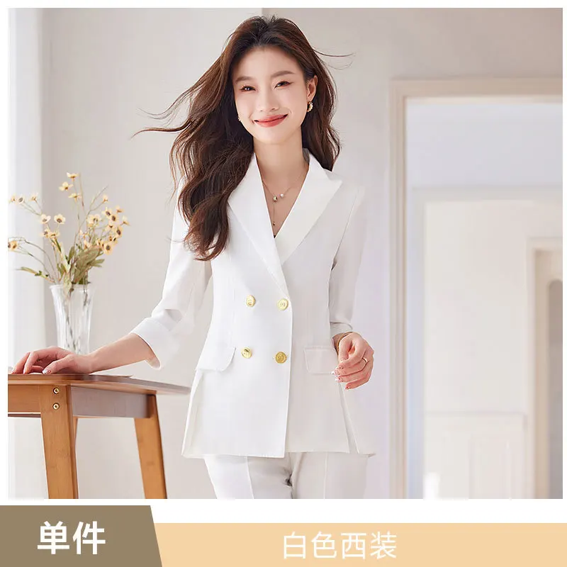 White Suit Set Women's Spring and Autumn2024New Professional Hotel Manager Formal Suit Work Clothes Mid-Sleeve Suit Coat