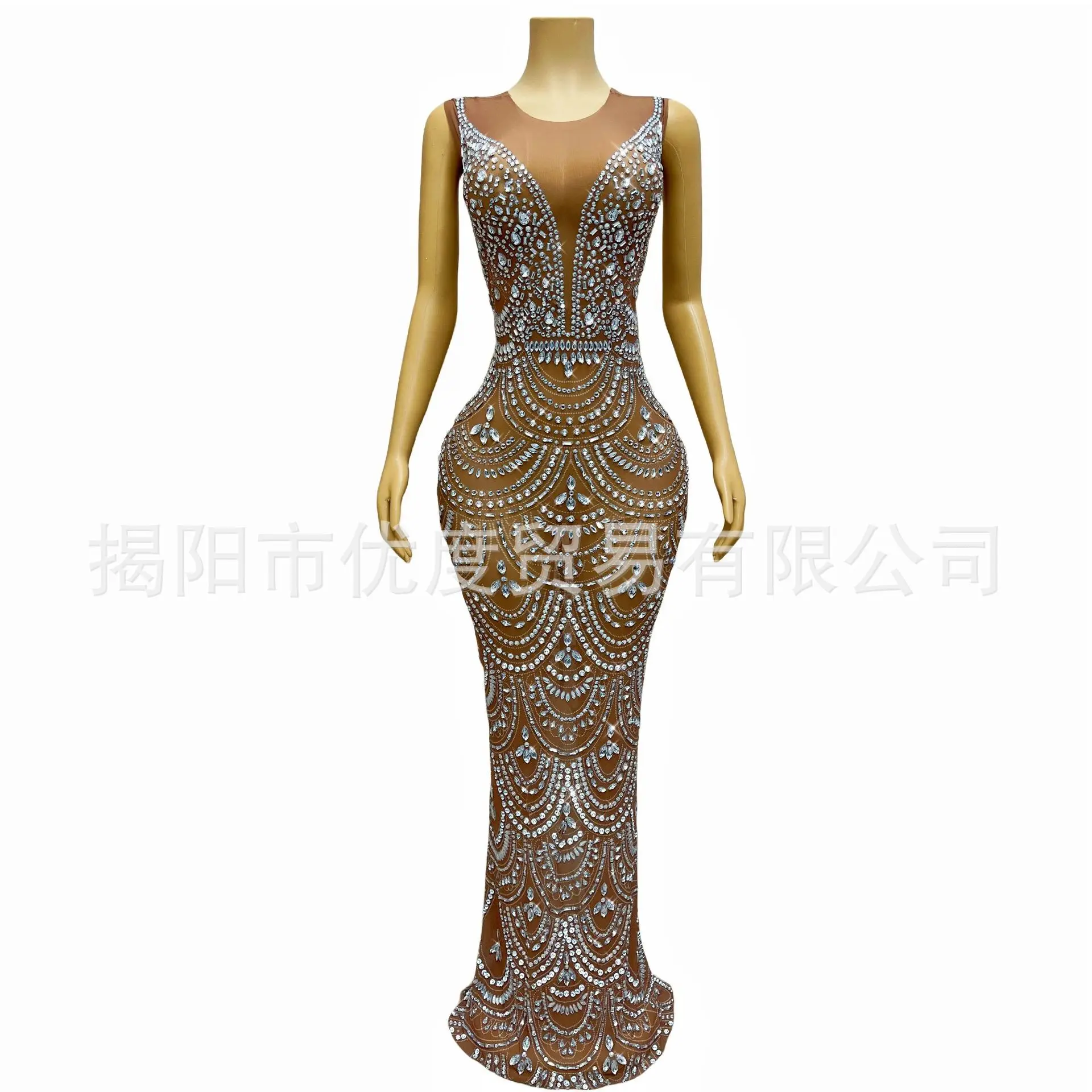Slim Design Sense Shining Rhinestone Design Birthday Reception Night Performance Long Dress Three Leaves No Collar Show Costumes
