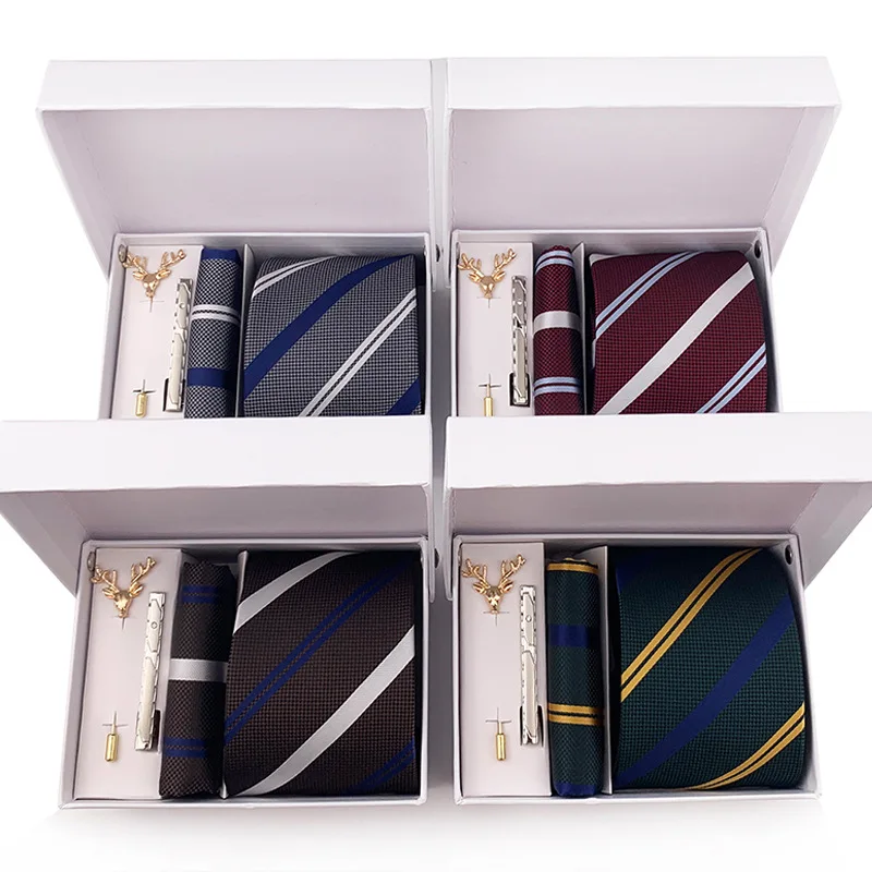 Striped Neck Ties For Men Wedding Party Green Necktie Hanky Tie Clip Brooch Sets Luxury Quality Men\'s Tie Set Gift Box Wholesale