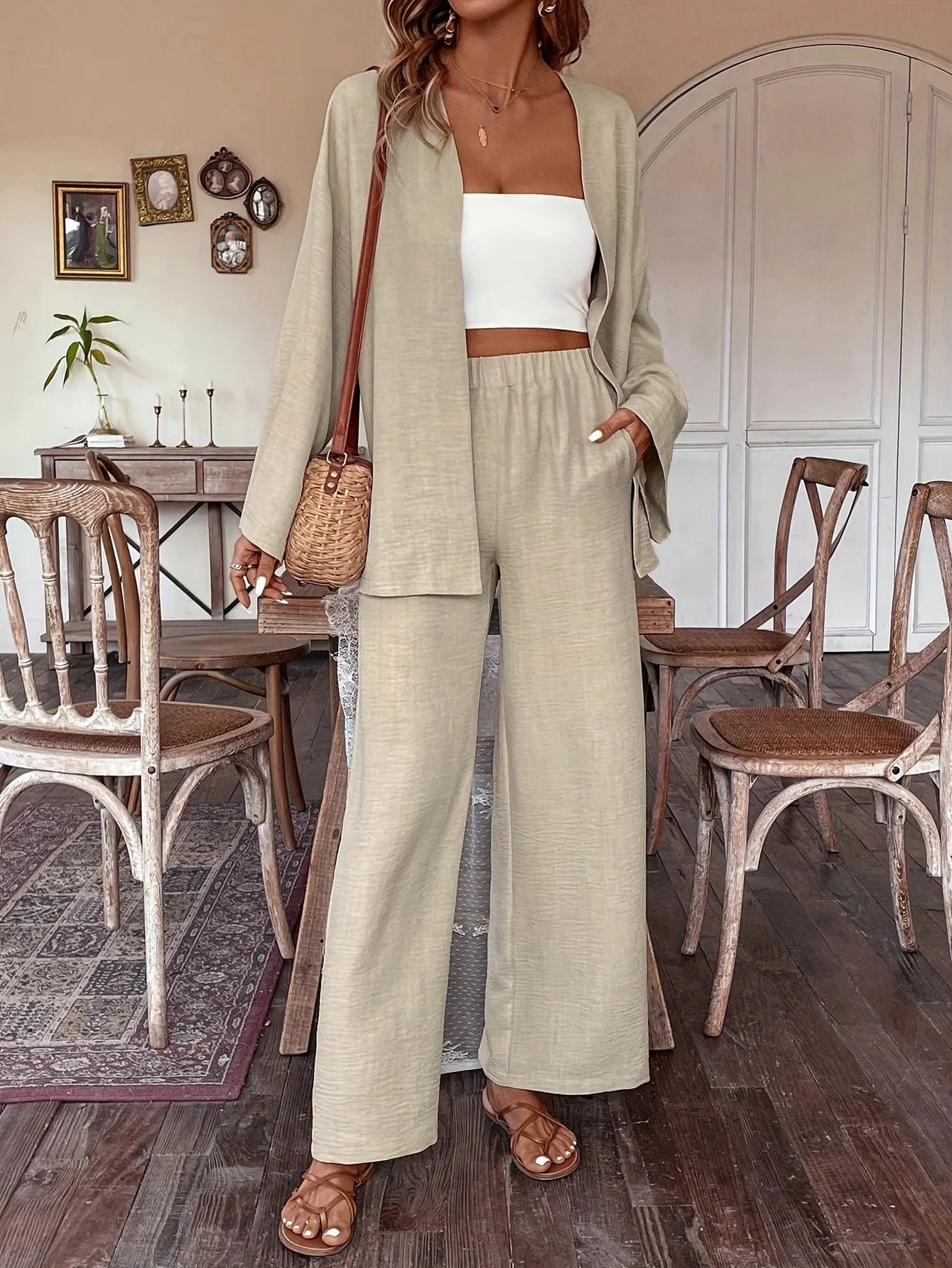 New Loungewear Women 2 Piece Casual Outfits Solid Cardigan Long Sleeve Shirt Loose High Waist Wide Leg Pants Set Sexy Sleepwear