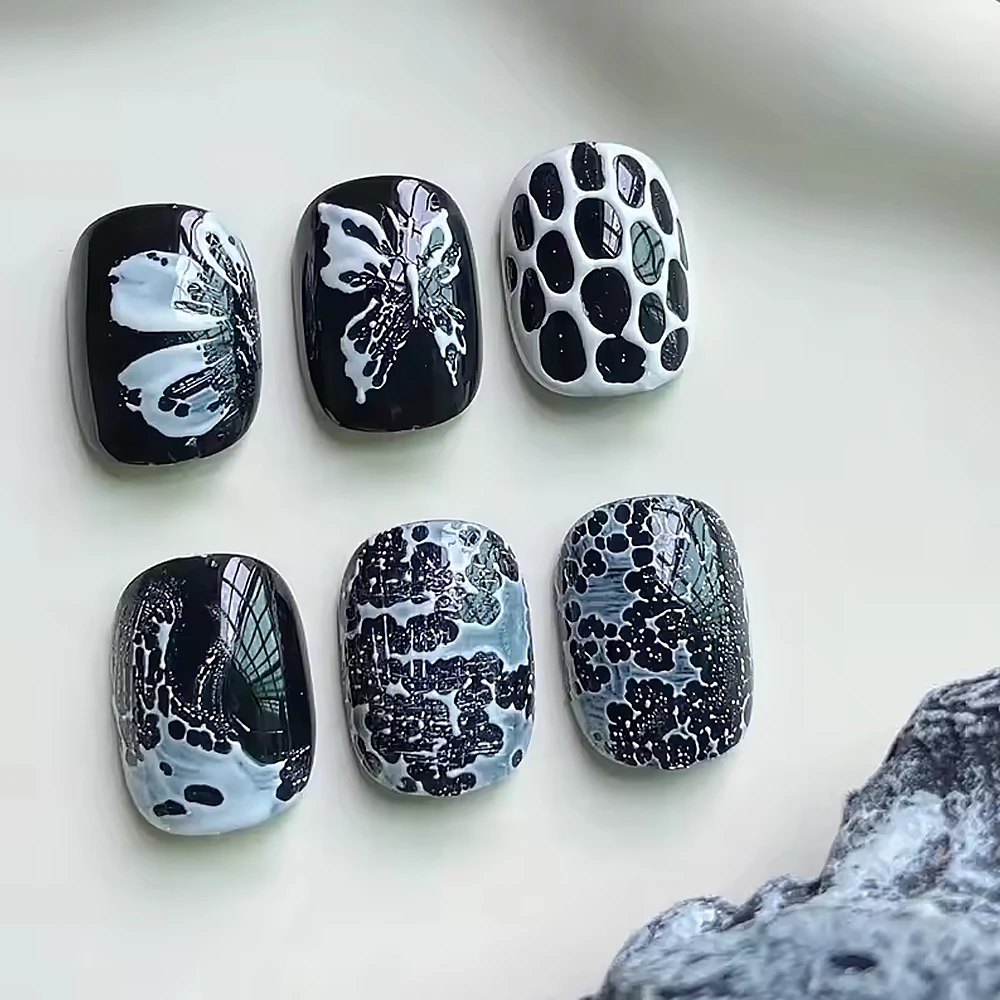 1pc Poke Poke Spitze Loch Schwarz Weiß Nagel Gel Blase Ozean Welle Textur Hohl Gradienten Nagel Malerei Kleber UV LED Soak Off Varnis
