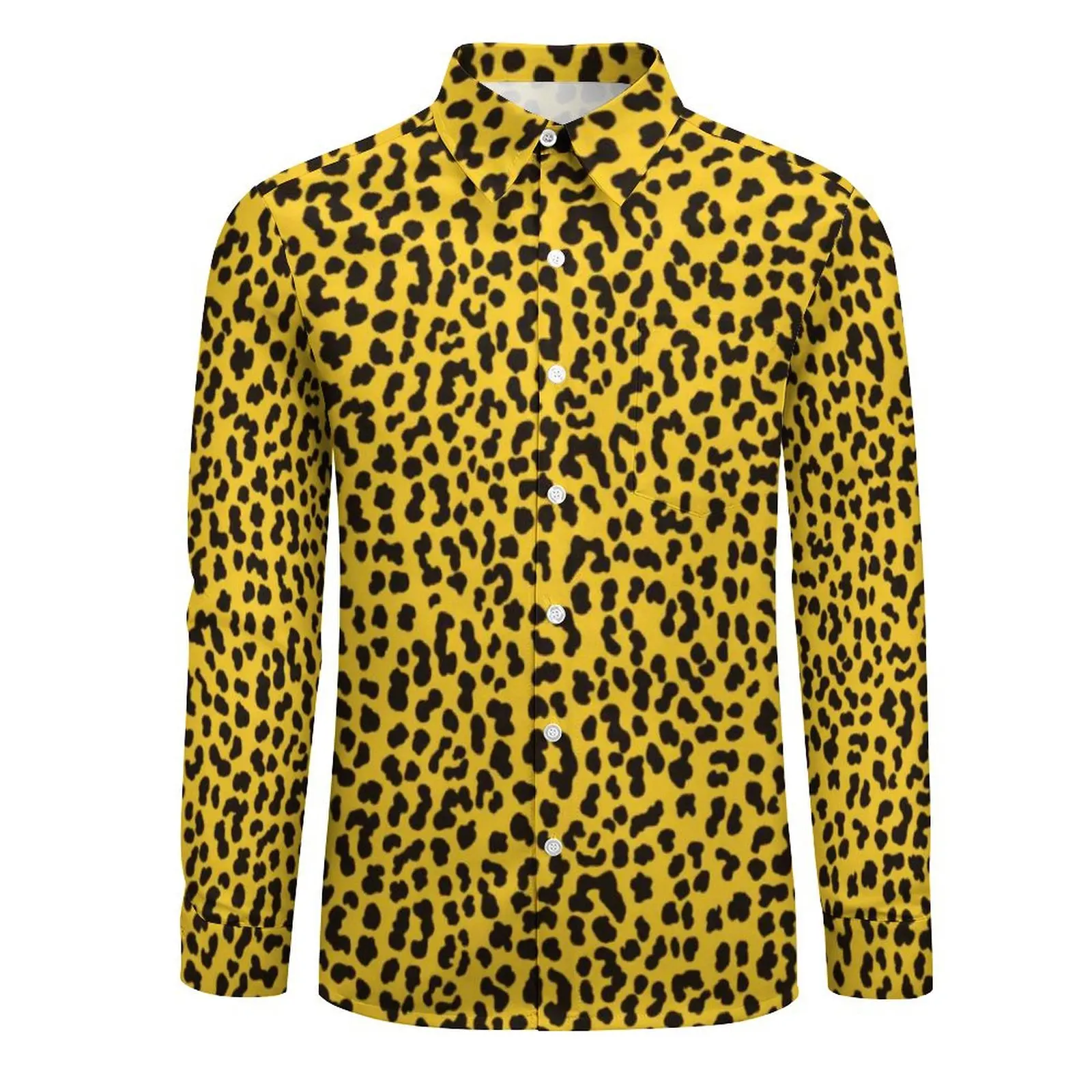 Retro 80S Punk Rock Casual Shirts Neon Yellow Leopard Print Retro Shirt Spring Streetwear Oversized Blouse Mens Long Sleeve Top