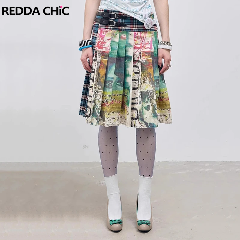 

REDDACHiC Women Aesthetic Print Pleated Skirt Buckle Belt Low Waisted Split Button Down Plaid Knee Long Skirt Retro Y2k Clothes
