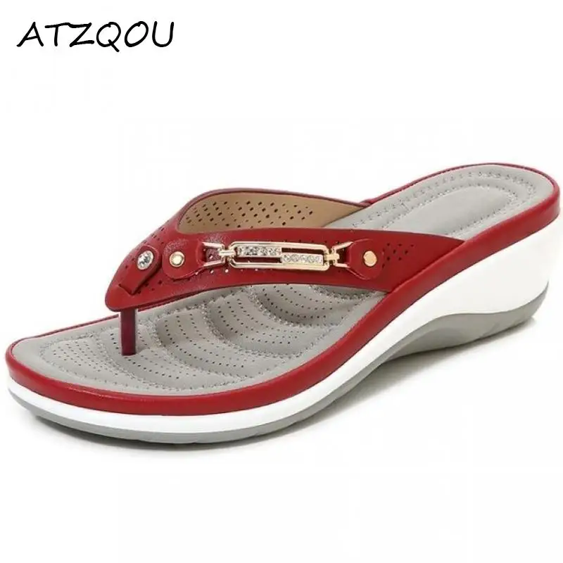 Women's Slippers Summer Wedges Metal Button Slides Shoes Wedge Beach Sandals Women Outside Platform Slippers Leisure Flip Flops