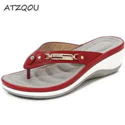 Zapatillas de verano con cuña y botón de Metal para mujer, sandalias de playa con cuña, zapatillas de plataforma exterior, chanclas de ocio