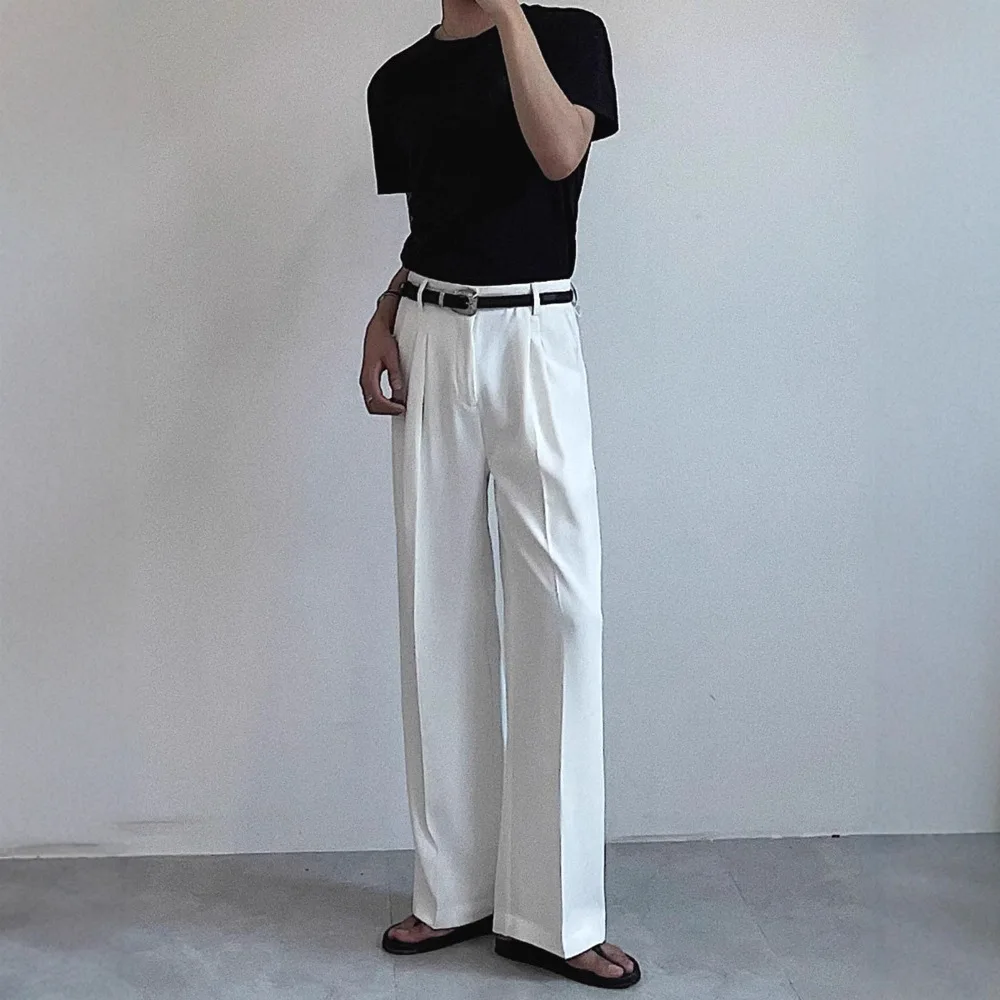 Men White Black Solid Color Loose Straight Simple Basic Casual Trendy Suit Trousers American Style Fashion Male Pants Clothes
