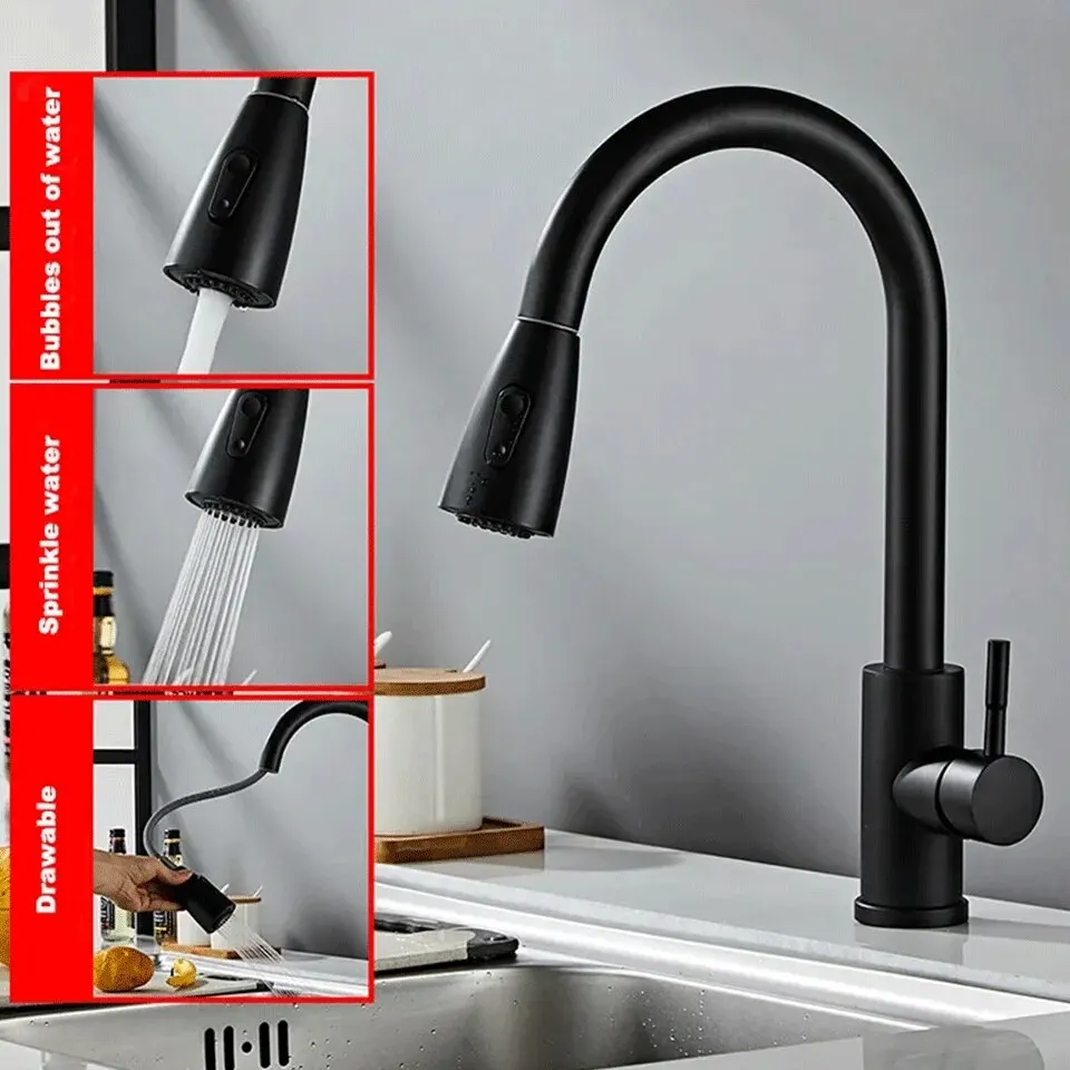 Stainless Steel Lead-Free Environmentally Friendly Kitchen Composite Pull-Out Faucet (Black) With Second Level Water Outlet