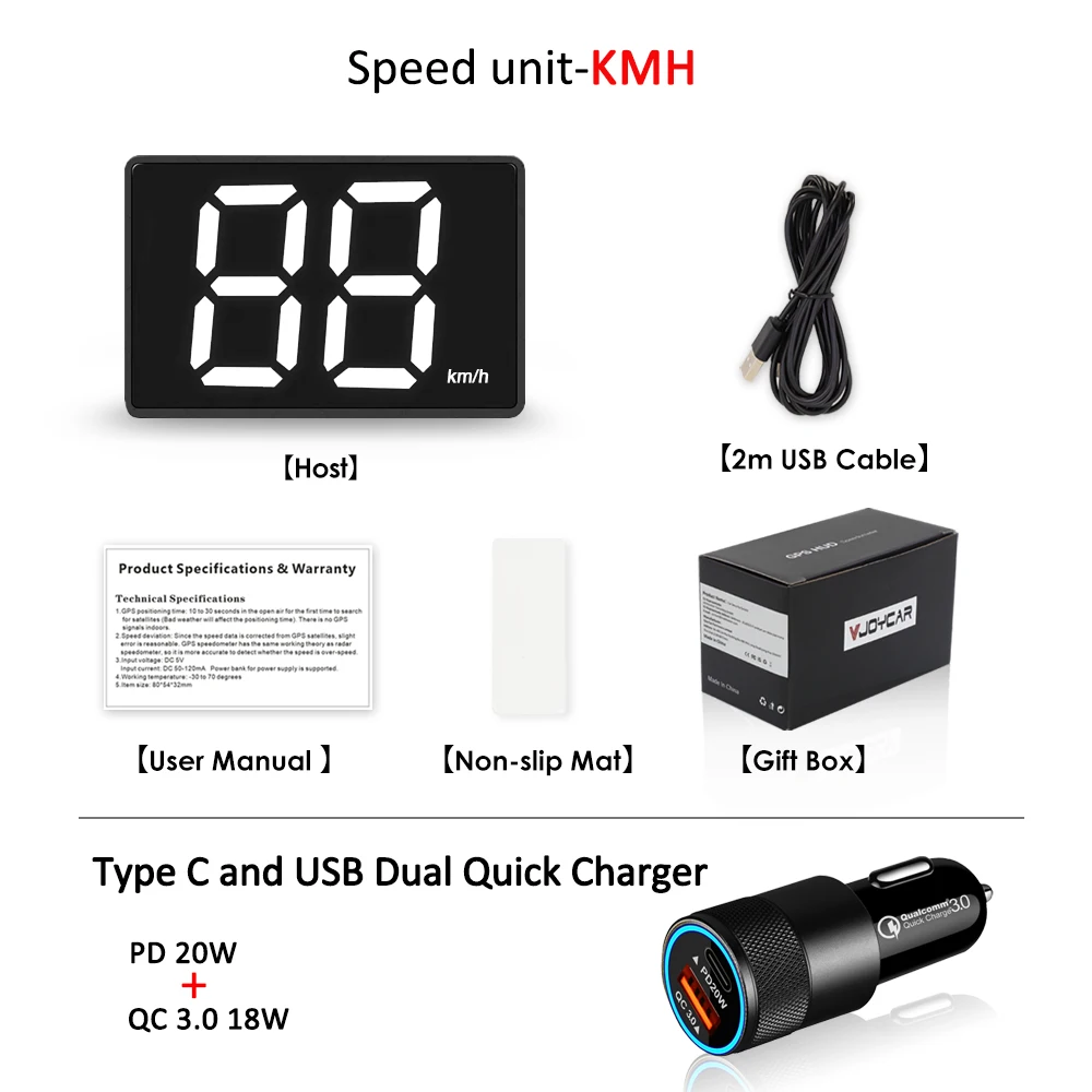 Vjoycar Nieuwste GPS-snelheidsmeter voor alle auto's Plug and Play Groot lettertype Klein formaat Volledig scherm 2-kleuren auto-elektronica-accessoires