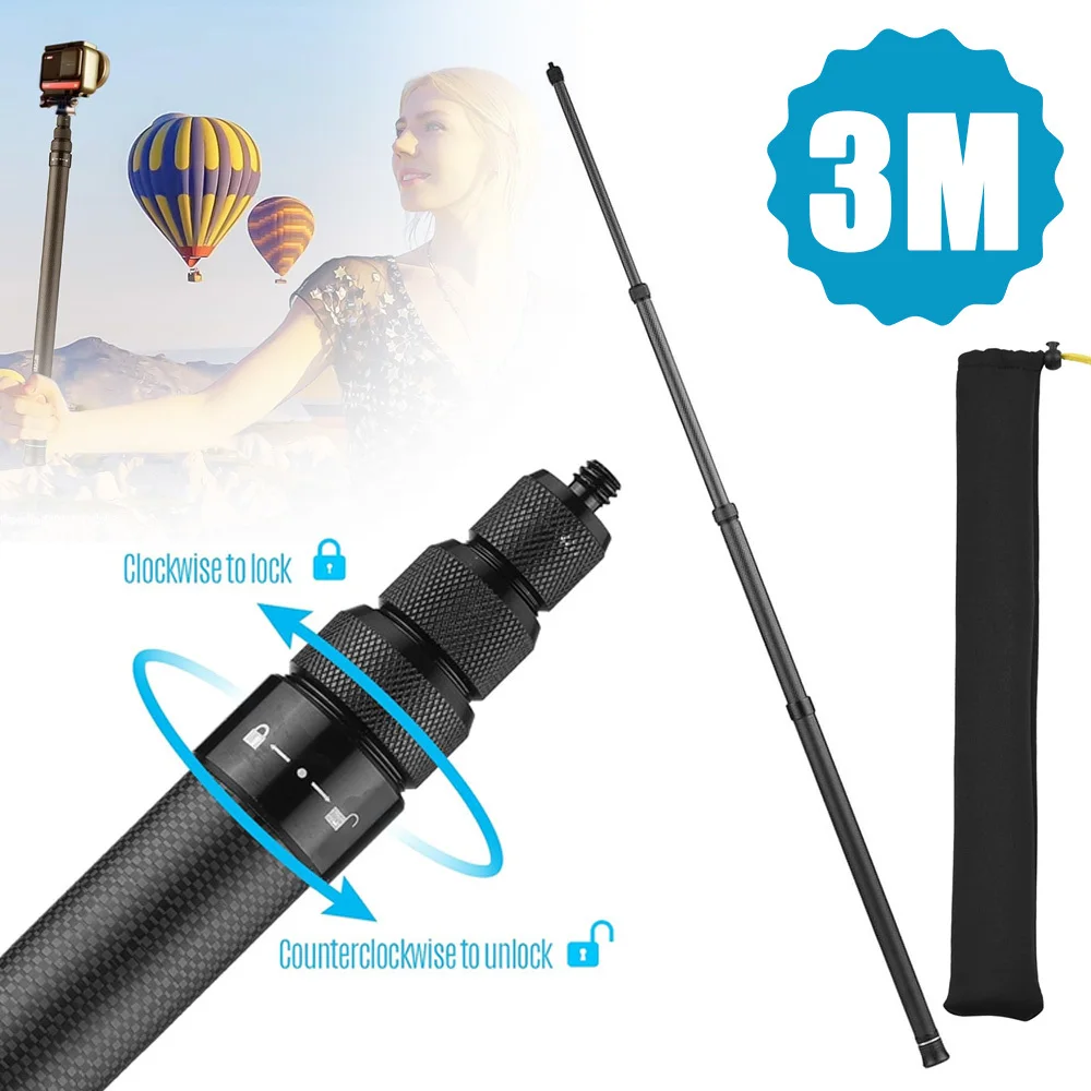 Regulowana kijka do selfie z włókna węglowego, przedłużka o długości 3 m, 57 cm – 3 m, z regulowaną długością i otworem na śrubę 1/4 cala, kompatybilna z Insta360 One X/One X2/One R.