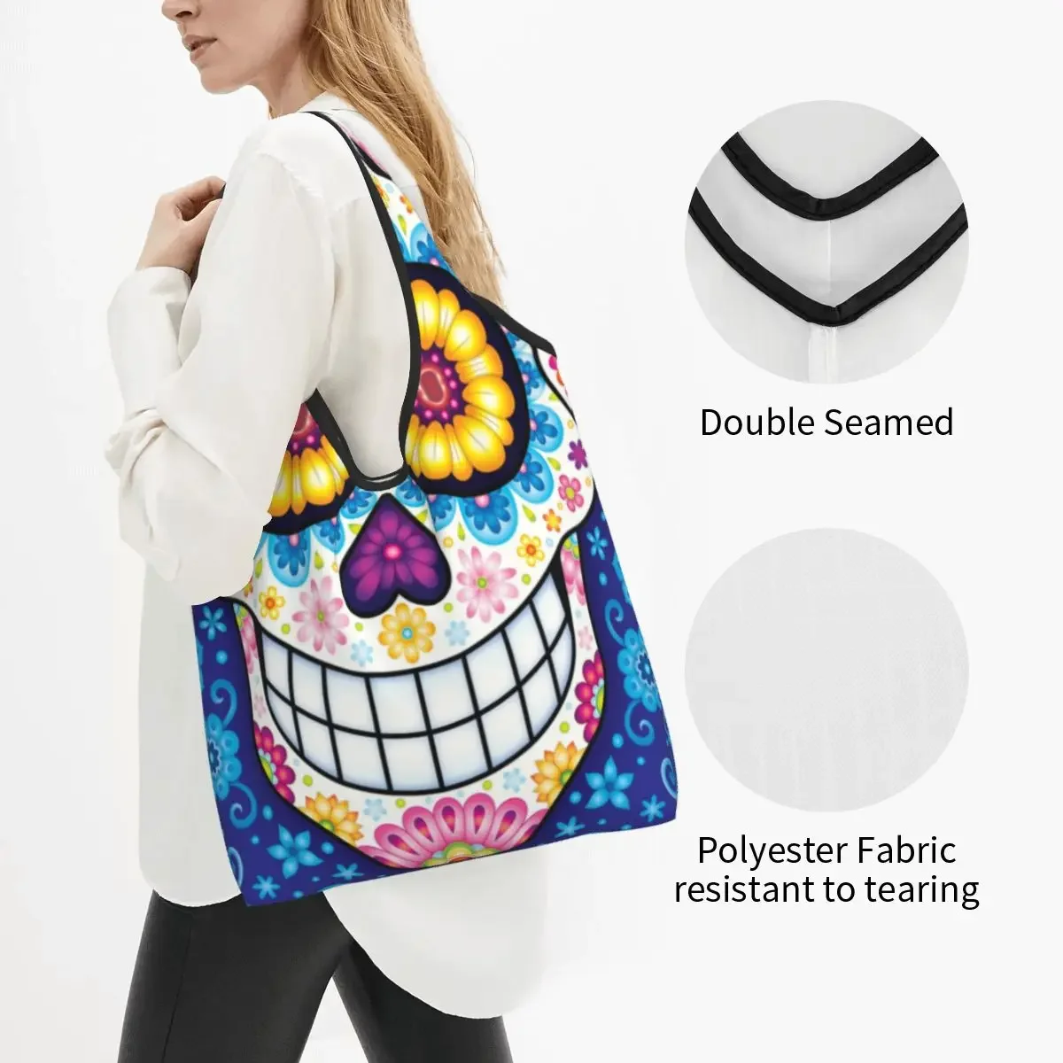 Custom Day Of The Dead Sugar Skull Shopping Bags Women Portable Big Capacity Groceries Mexican Skull Shopper Tote Bags