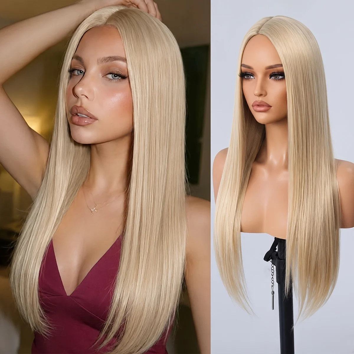 26-Inch long straight hair blonde wig women's, medium synthetic wig, suitable for Cosplay, party and fashion