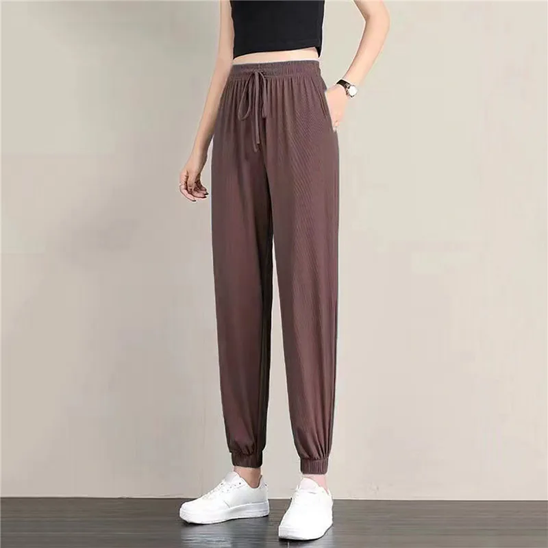 Hot Women\'s Wide Leg Pants Ice Silk Sweatpants Loose Bunched Feet Loose Leggings Thin Casual Sanitary Elastic Slacks Pants